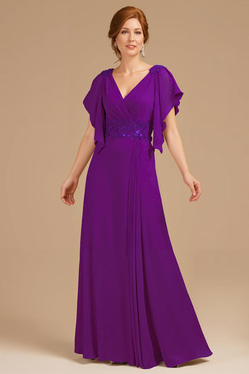 Robe trapèze à col en V et col en V froncé à manches longues pour la mère de la mariée